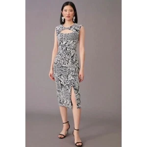 NWT!! ANTHROPOLOGIE Jacquard Midi Dress Black White Cutout Sheath Party Small - Picture 1 of 15