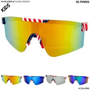 WHOLESALE LOT Kids Boys Sports Retro Wrap Shield Patriotic SUN GLASSES 12 Pairs - Picture 1 of 24