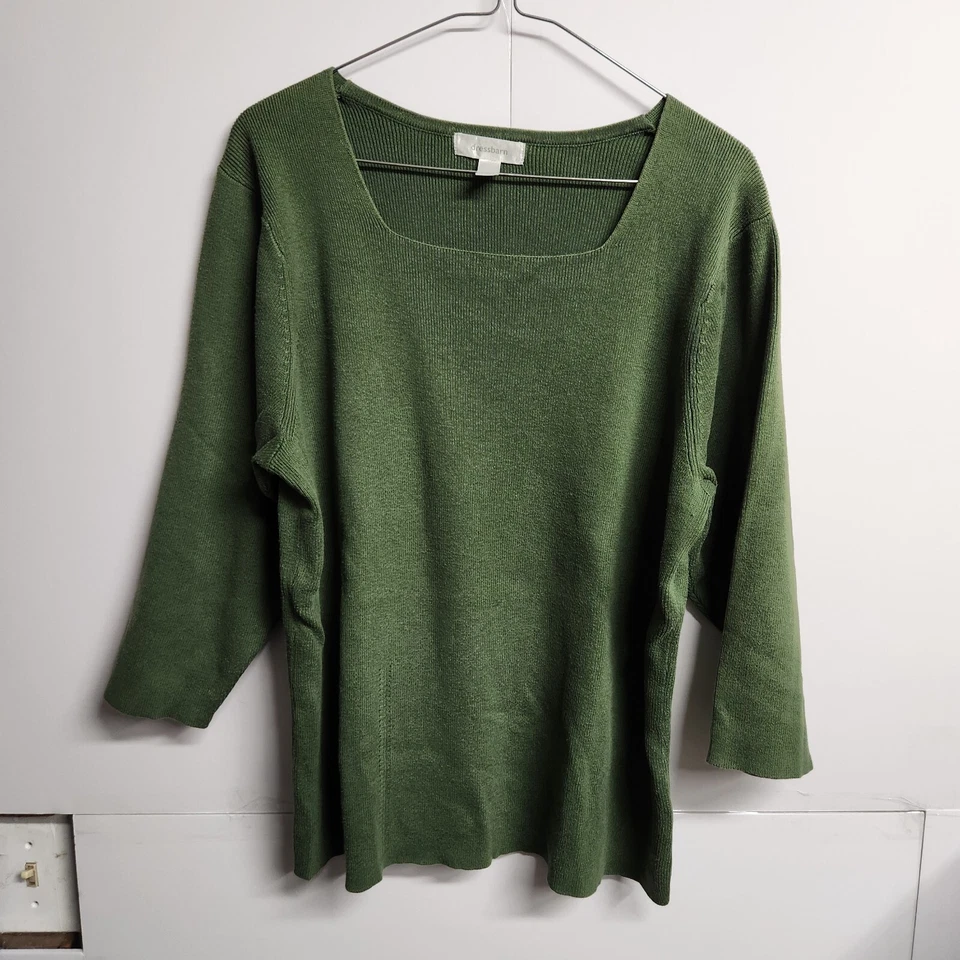 Dressbarn, квадратный вырез 3/4 рукав ребристый зеленый свитер, размер 14/16 (полка 5) - Изображение 1 из 4