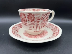 Homer Laughlin Historical America Stoneware Red Pink Transfer Cup Saucer Set - Picture 1 of 11