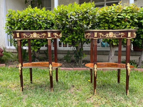 Vintage Pair  Inlaid Maquette Kidney Shape Table With Round Plate Cover