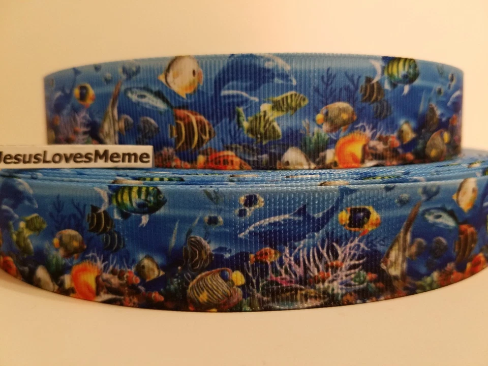 Grosgrain Ribbon Fish Under the Sea Turtles Creatures Nautical Ocean Explore 1" - Image 1 of 1