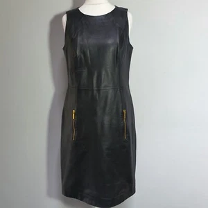 MICHAEL KORS Sheepskin Leather Shift Dress Lined Zip Pockets Size UK 8 Black - Picture 1 of 24