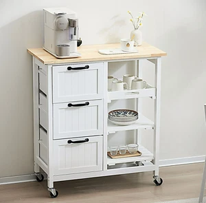 White Kitchen Island Cart on Wheels with, 3 Drawers, 3 Shelves, Natural Wood Top - Picture 1 of 21