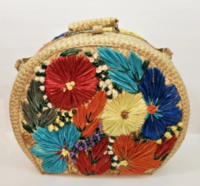 Vintage Woven Raffia Floral Suitcase Hat Box Travel Beach Bag Teal Blue Red - Image 1 of 4