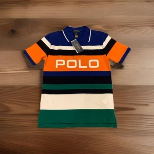 Polo Ralph Lauren Boy's Polo Shirt~Size M  10-12  Rugby Stripes Large Spellout - Picture 1 of 4