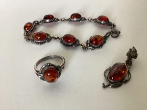 Conjunto de joyería vintage de plata de ley y ámbar colgante, pulsera y anillo - Imagen 1 de 10