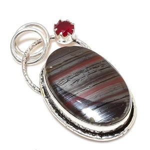 Iren Tiger Eye & Ruby Gemstones Handmade 925 Steling Silver Pendant Jewelry - Picture 1 of 6