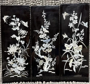 (3) Vintage - Asian Shell Inlay Panel Pictures - Black w/Mother of Pearl Floral - Picture 1 of 14