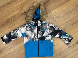 Quiksilver Boys Edgy Kids Snow Jacket Hood Adjustable Ski Faux Fur Blue Black - Picture 1 of 19