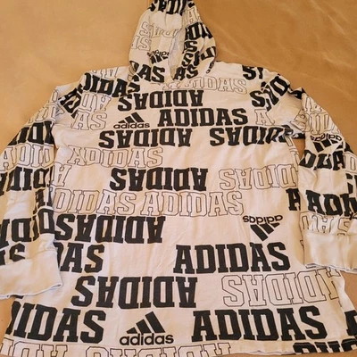 Sudadera con capucha de algodón blanca mediana con logotipo AOP Adidas para niños 10/12 Foto 1 de 4