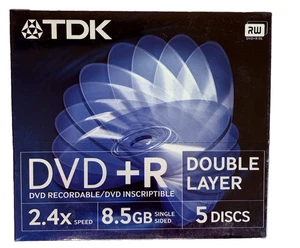 TDK DVD +R 2.4x Speed 8.5GB Double Layer 5 Discs New & Sealed - Picture 1 of 6