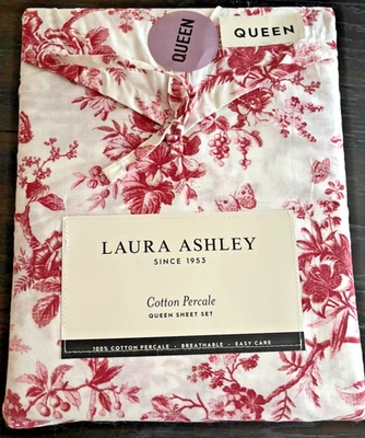 Laura Ashley Queen Sheet Set Holiday Walled Garden Red 4pc 100% Cotton - Image 1 of 4