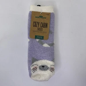 Northeast Outfitters Cozy Cabin Socks Purple Cat Pattern Youth Size 10k-4 - Picture 1 of 5