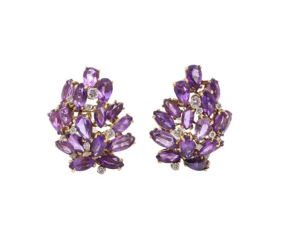 18K Yellow Gold Cluster Amethyst and Diamonds Clip On Earrings - Image 1 of 4