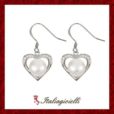 Pregiati Orecchini Cuore con Perle di Fiume in Argento 925 Rodiato Oro Bianco - Immagine 1 di 4