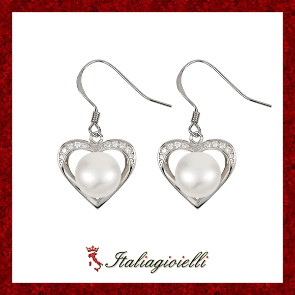 Pregiati Orecchini Cuore con Perle di Fiume in Argento 925 Rodiato Oro Bianco - Immagine 1 di 4