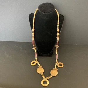 Vintage Boho Wooden Bead Carved Disc Statement Necklace Hippy Festival Long Retr - Picture 1 of 7