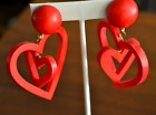 Large Dangle Drop Wood Clip Earrings DOUBLE HEARTS 2" Long x 2" Wide Vintage 3-D