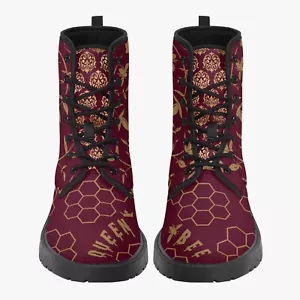 Damen Bienenkönigin Bienenstock Vegan Leder Stiefel Burgund Gold Tropf Honig Blumen - Bild 1 von 12