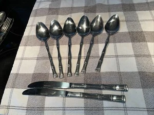 Sunshine EXOTIC BAMBOO 6 Table Spoons 7 1/4" And 2 Knives Stainless Korea - Picture 1 of 5