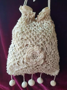 Vintage Victorian Edwardian Ivory Handmade Irish Crochet Lace Drawstring Purse - Picture 1 of 17