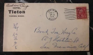 1928 Yakima WA USA Hotel Cover To San Francisco Ca Chinese Writing Front & Back - Picture 1 of 2