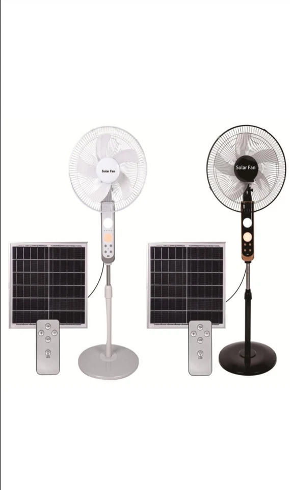 Solar Fan Rechargeable Standing 16inch with Panel Remote Light USB White New - Image 1 of 1