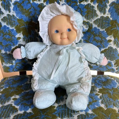 Vintage Dan Dee Soft Expressions Azul Nylon Bebê Pelúcia Borracha Rosto Chocalho 15" - Imagem 1 de 4