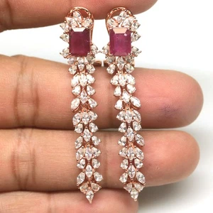 925 Sterling Silver 6 x 8 mm. Red Ruby & Cubic Zirconia Jewelry Earrings - Picture 1 of 4