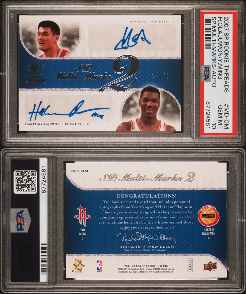 PSA 10 2007 SP Rookie Threads Dual Autograph Yao Ming Hakeem Olajuwon 24/50 POP2 - Image 1 of 1