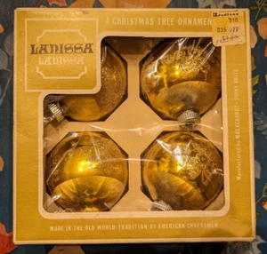 Vintage Lanissa Max Eckardt Brite lucido 4 ornamenti vetro scatola originale oro glitter USA - Foto 1 di 6
