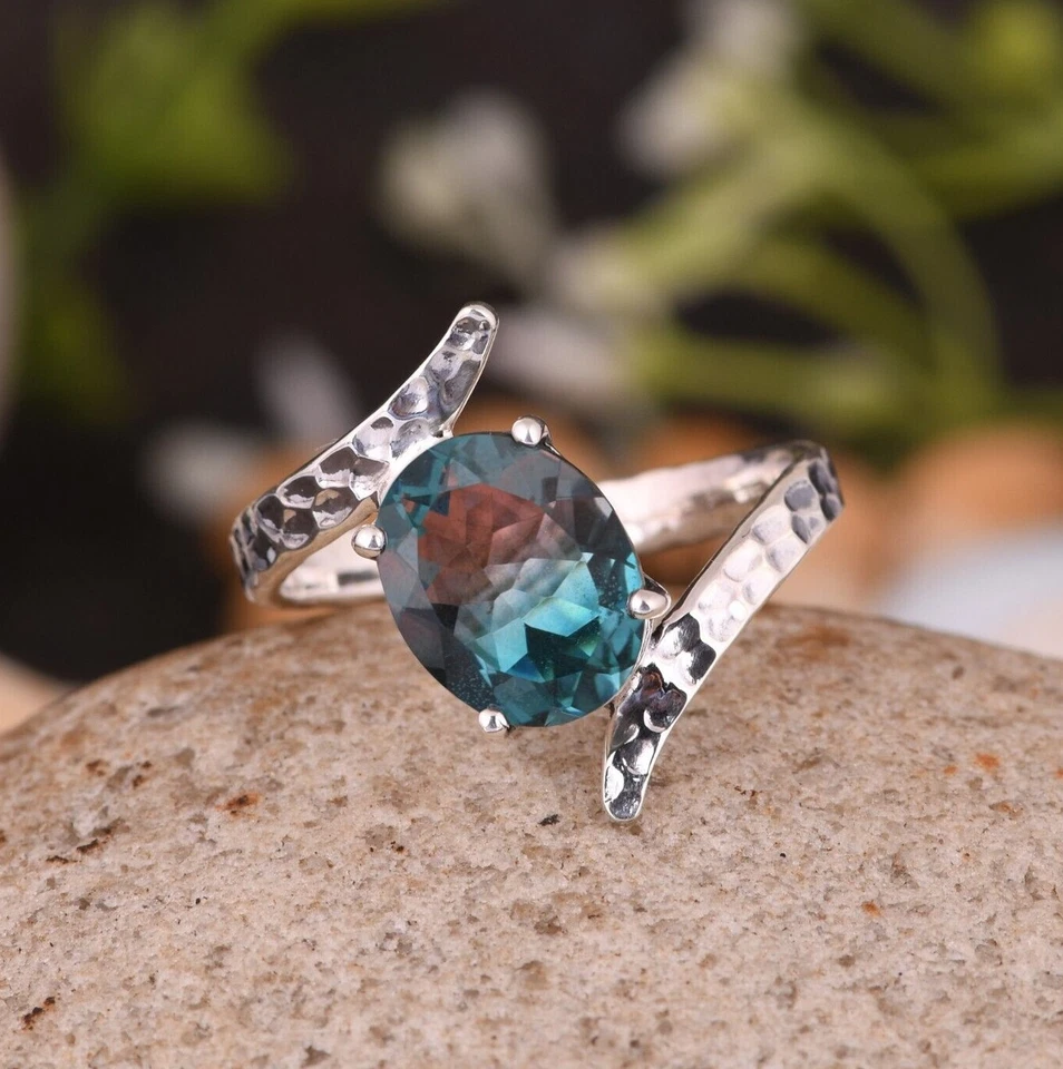 Alexandrite Bypass Band Ring Engagement 925 Sterling Silver Rings For Gift Her - Image 1 of 1