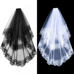 Wedding Veils 1-2 Layer Short Lace Bridal Veil with Comb Black White Accessories - Picture 1 of 8