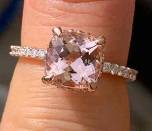2Ct Cushion Cut Lab-Created Morganite Engagement Band Ring 14K Rose Gold Plated - Picture 1 of 8