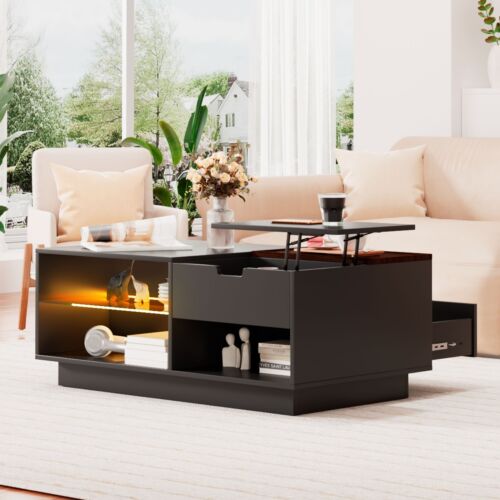 Lift Top CoffeTable with Storage & Led Light Cocktail Table with Walnut Tray Liv