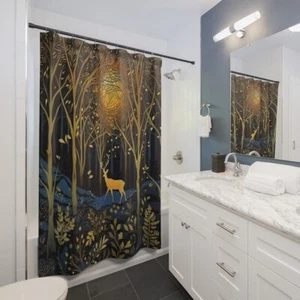 Forest Clipart on Black Background, Home Decor, Retro Vintage Shower Curtain - Picture 1 of 3