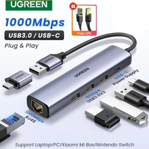 UGREEN USB Ethernet Adapter 1000Mbps USB3.0 RJ45 USB-C HUB For Macbook PC Mi Box - Picture 1 of 14