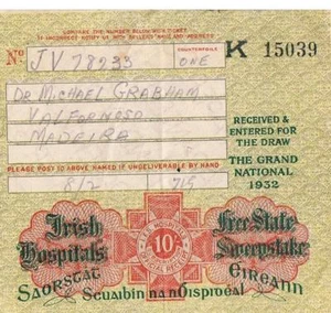 Boleto de sorteo irlandés-estado libre-hospitales The Grand National 1932 - Imagen 1 de 1
