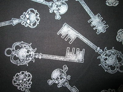 ANTIQUE KEYS WITH SKULLS METALLIC SILVER BLACK COTTON FABRIC FQ - Image 1 of 4
