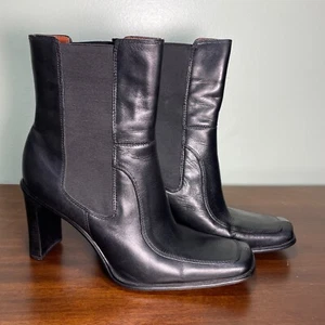 BCBG PARIS Square Toe BLACK LEATHER ankle Boots Women's Size 9.5 - Picture 1 of 13