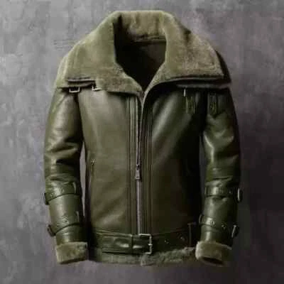 Chaqueta Para Hombre RAF Aviador Piloto Volador Verde Doble Cuello Piel de Oveja Real Cuero Foto 1 de 4