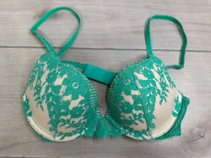 Victorias Secret Push-up Bra 34B Dream Angels Lace Green Nude Floral Rhinestone - Picture 1 of 7
