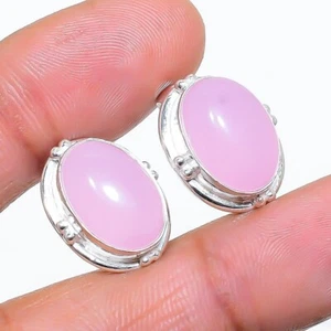 Pink Rose Quartz Gemstone 925 Sterling silver Jewelry Stud Earring Size 0.75" - Picture 1 of 1