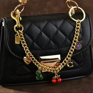NWT Coach Motif Chain Bag Charm Rexy Tea Rose Cherries Heart Brass Multi Rare - Picture 1 of 5