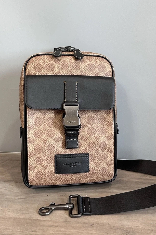 COACH CX880 Men’s Track Pack In Signature Canvas & Leather Gunmetal/Tan/Black