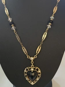 20" 1928 Jewelry Faceted Black Acrylic Heart Necklace Crystal And Filigree Chain - Picture 1 of 12