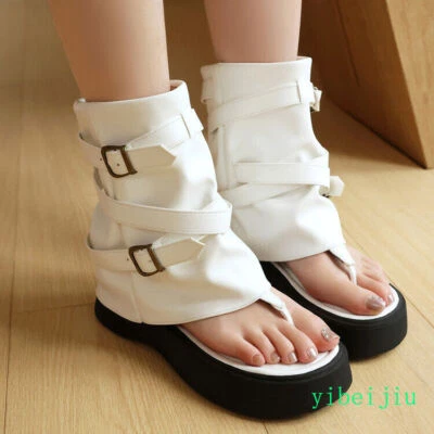 Chinelos femininos tanga sandálias romanas plataforma tornozelo botas couro sapatos alça - Imagem 1 de 4