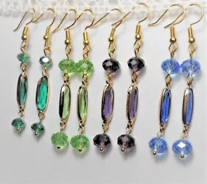 Glass long drop earrings - blue, green, purple 60mm long,  (2B2) - Picture 1 of 9