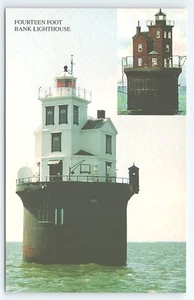 Postcard Fourteen Foot Bank Lighthouse Delaware Bay Bowers Beach Delaware - Picture 1 of 2